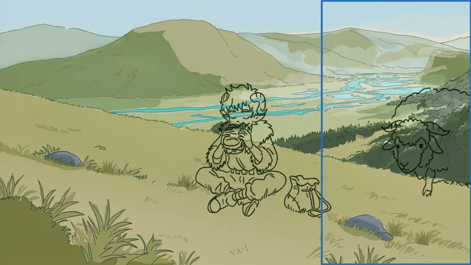 Line-art hiker and sheep comped in After Effects