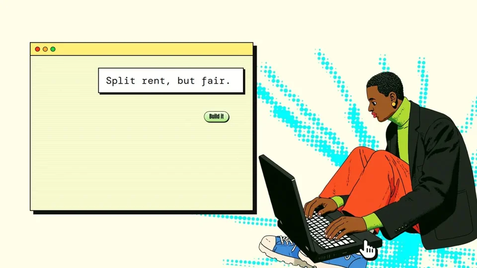 Illustrated maker types 'Split rent, but fair' into a browser