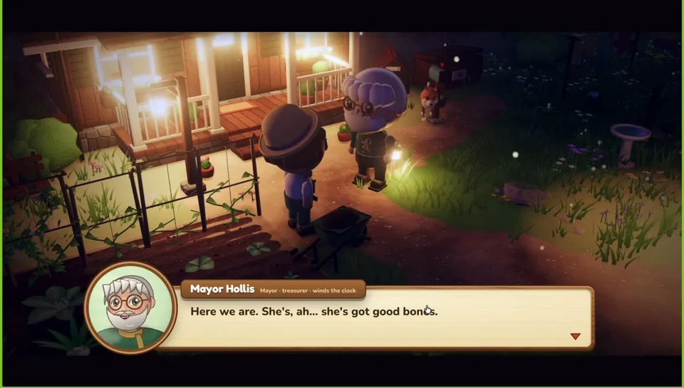 Farming-game mayor greets the player at dusk