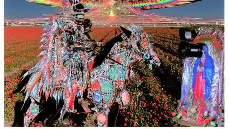 Psychedelic edit of a mounted rider in a poppy field