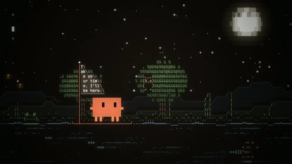 ASCII night scene where a blocky Claude waits and dreams