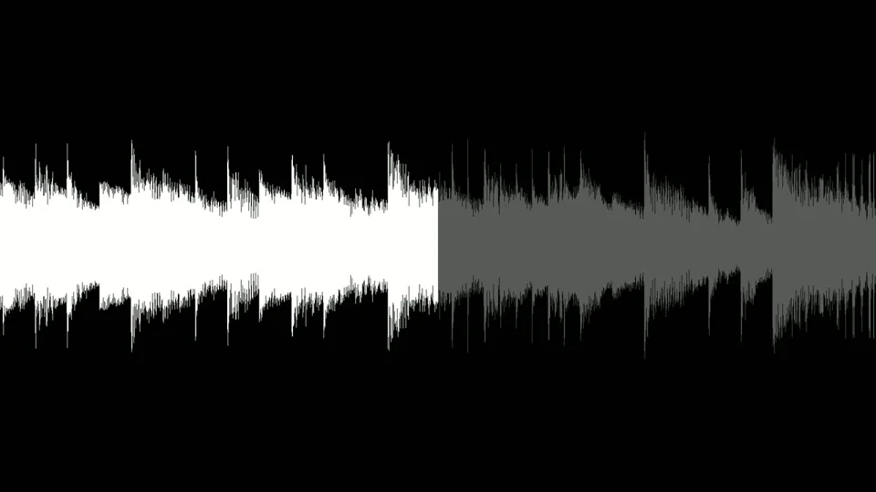 Scrolling waveform plays an AI-composed launch soundtrack