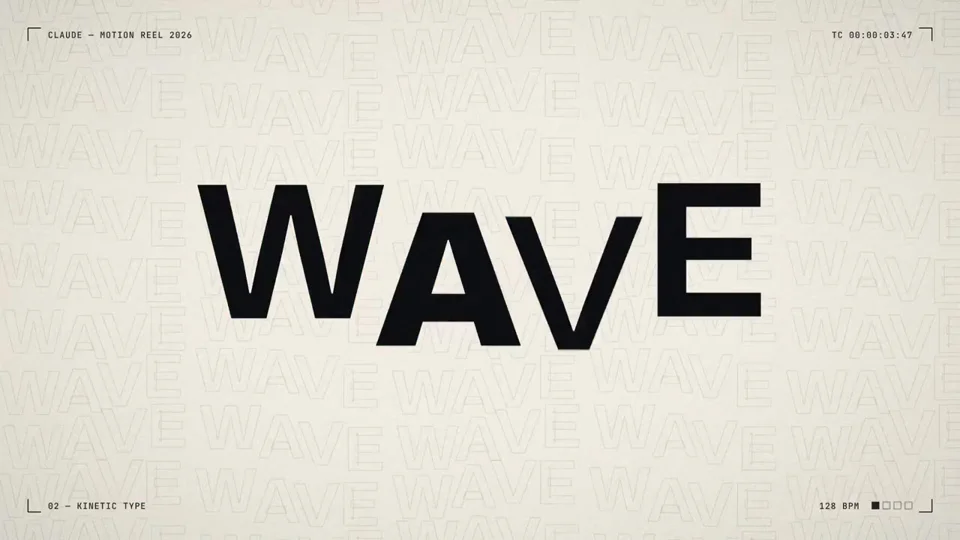 Bold WAVE letters ripple in a 128 BPM kinetic-type reel