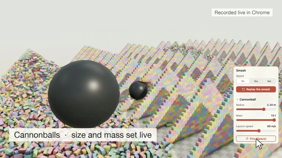 Cannonballs smash brick walls in a physics demo