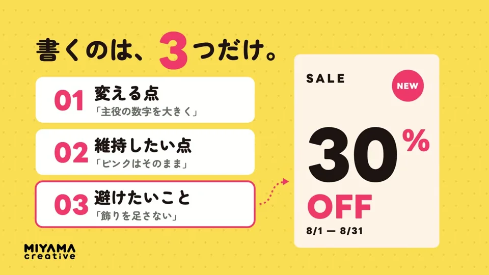 Three-point design brief turns into a 30% off sale card