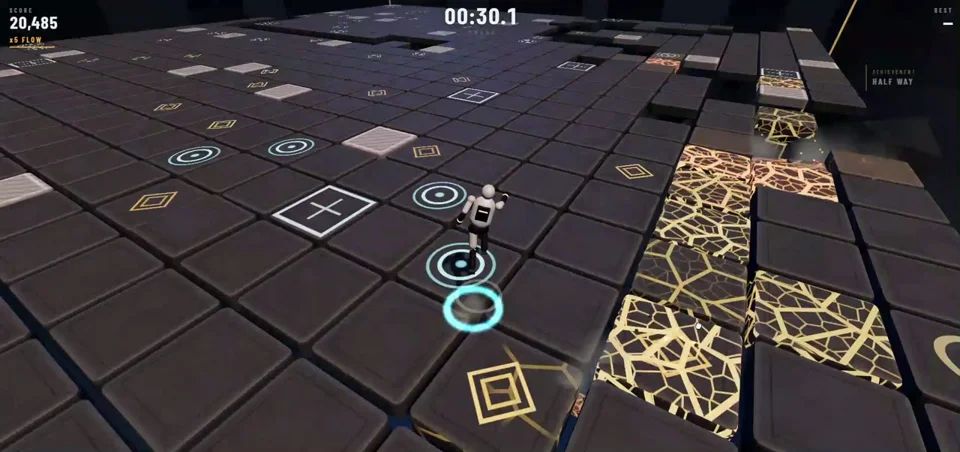 Runner dodges cracking tiles in a 60-second survival arena