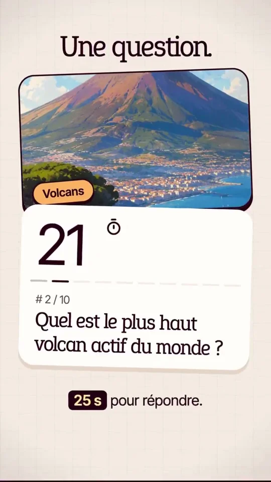 Mentis quiz app reel shows a volcano trivia card