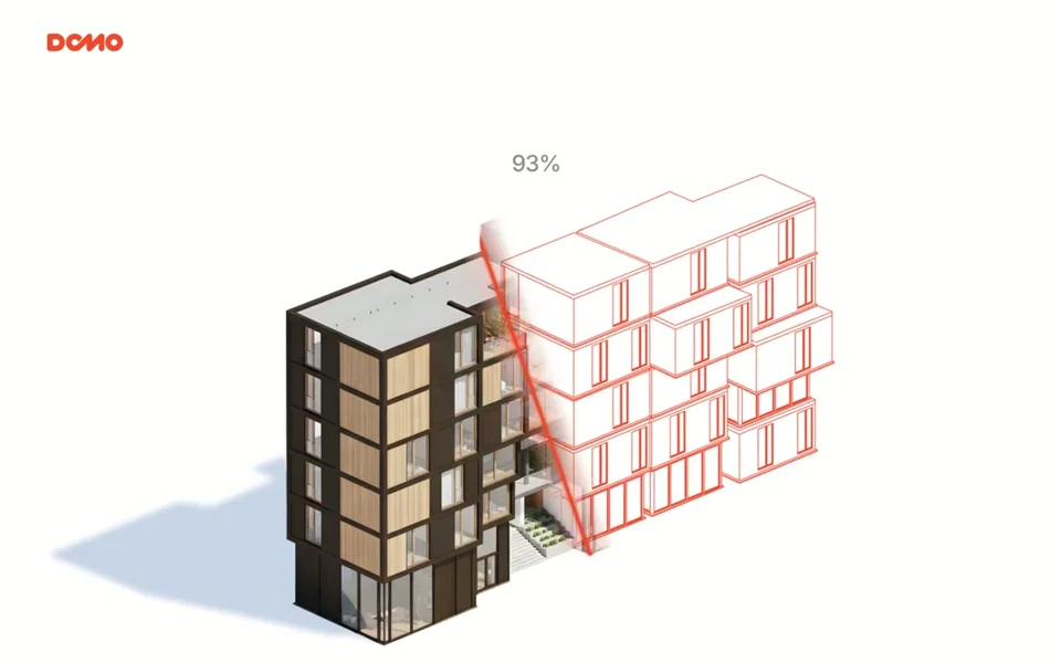 Wireframe building fills in with a render in a hero