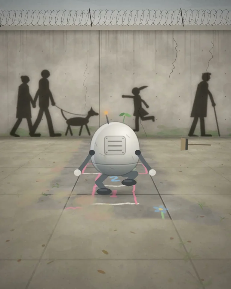 Lone robot plays hopscotch beside painted human shadows