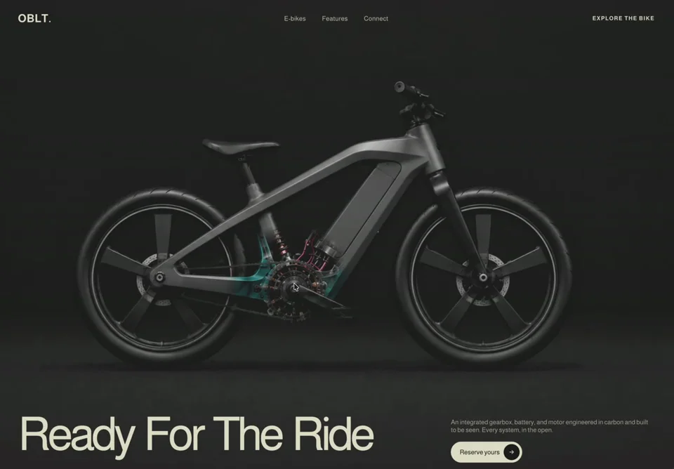 Cursor x-ray reveal hero for a dark e-bike site