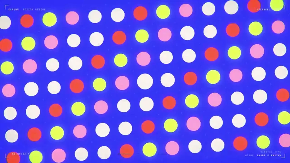 Max-effort showreel opens on a blue polka-dot pattern