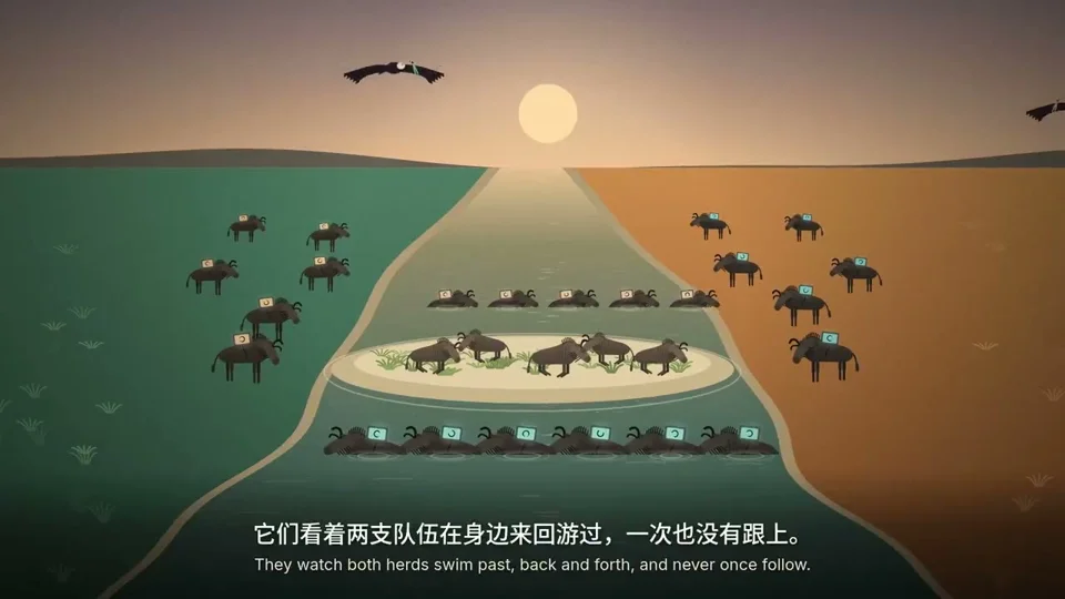 Nature-documentary cartoon of coders migrating like herds