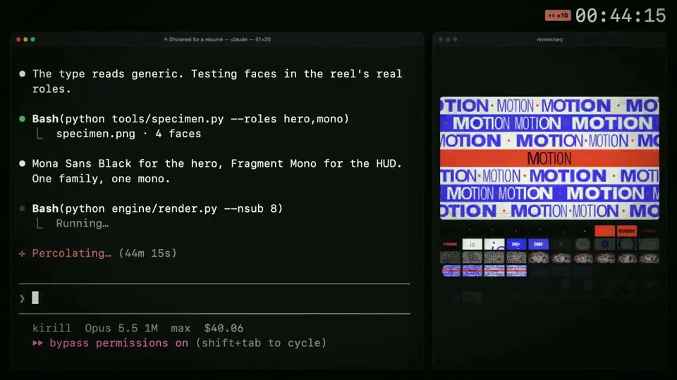 Replay of the terminal session that built a motion reel