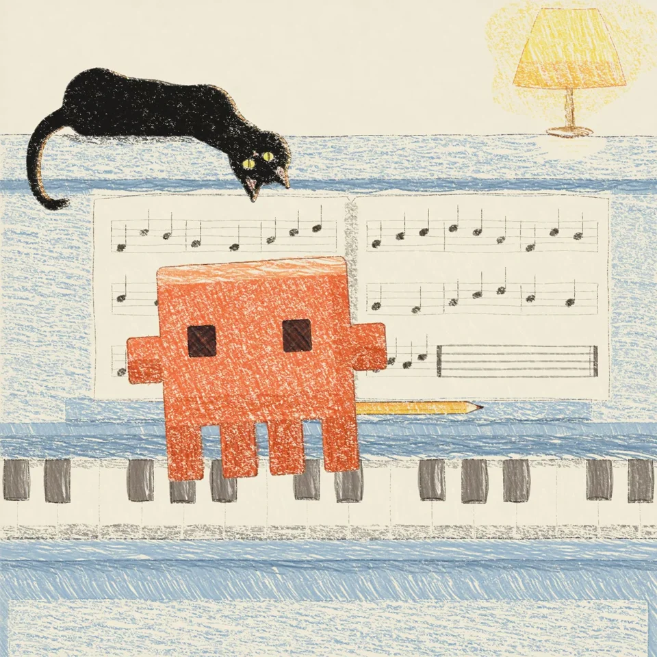 Crayon-drawn pixel creature plays piano under a watching cat