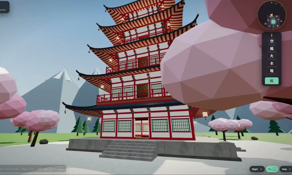 Explorable 3D pagoda garden with playable navigation
