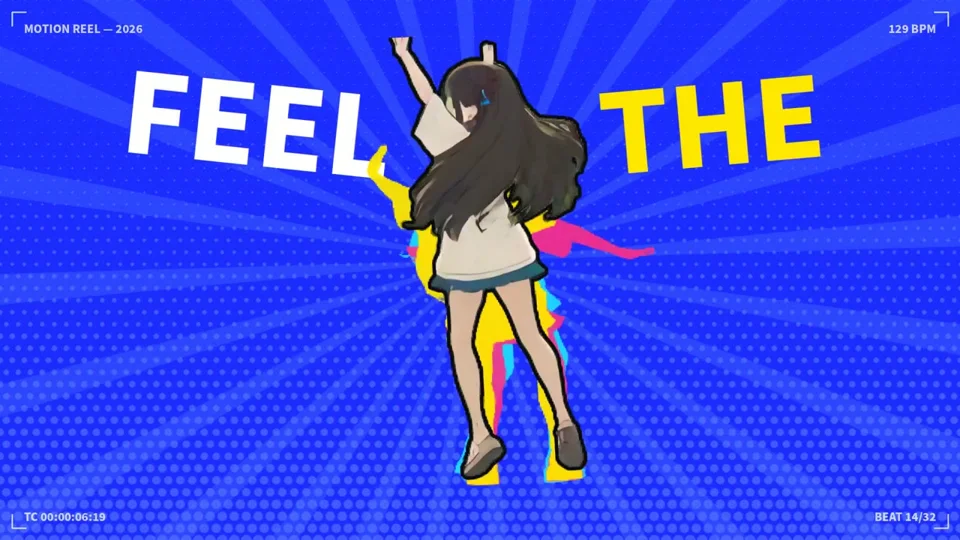 Anime girl dances over comic-style sunburst beat graphics
