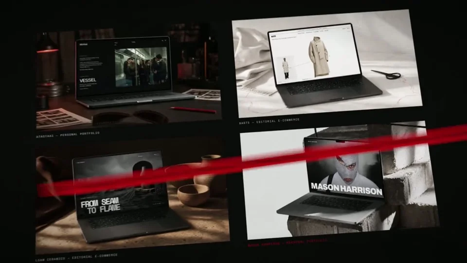 Portfolio showreel displays past projects behind red tape