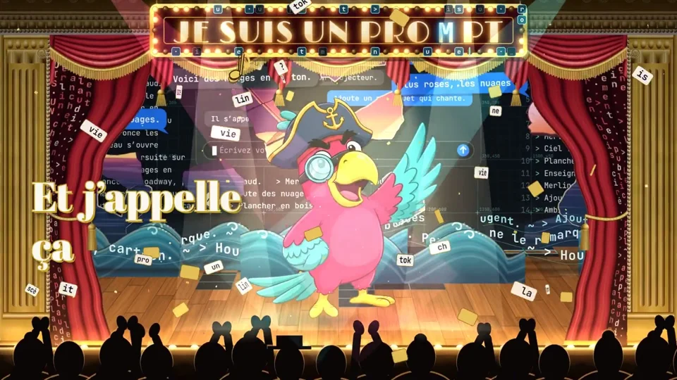 Pirate parrot sings "Je suis un prompt" on stage