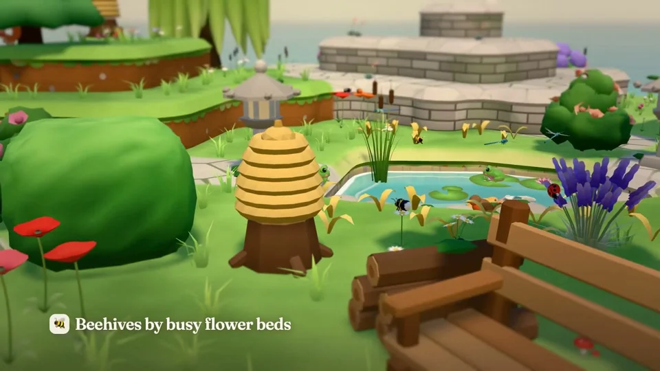 Beehives and a frog pond in a cozy diorama game