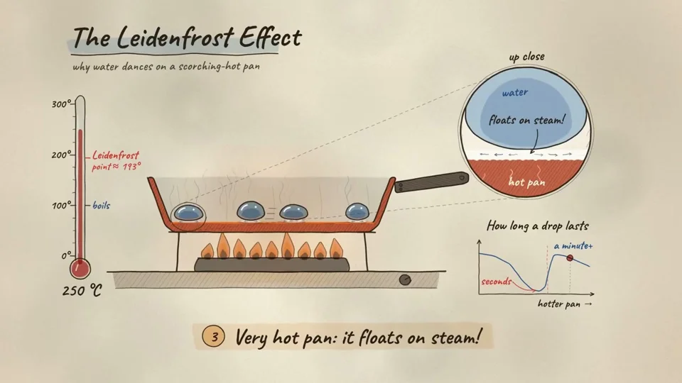 Whiteboard explainer on why water dances on a hot pan