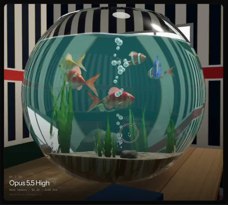 Goldfish bowl refracts a striped room in a Three.js shader test