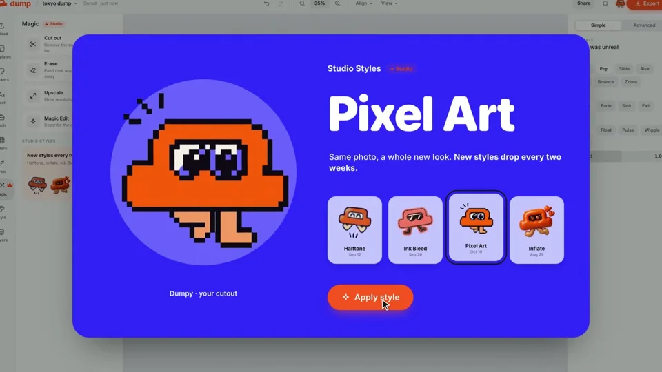 Pixel Art style card lands in a photo-cutout app trailer