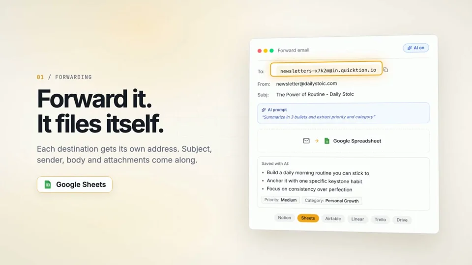 Quicktion demo shows an email filing itself via AI