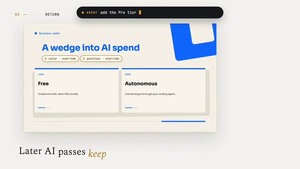 Agent prompt edits a slide in Decktype's launch film