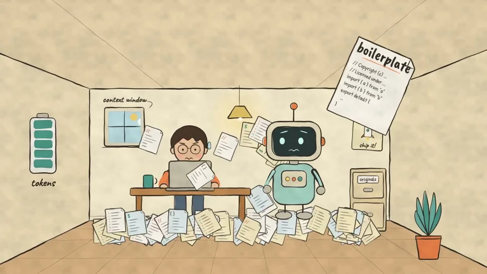 Hand-drawn developer and robot hit a context window limit