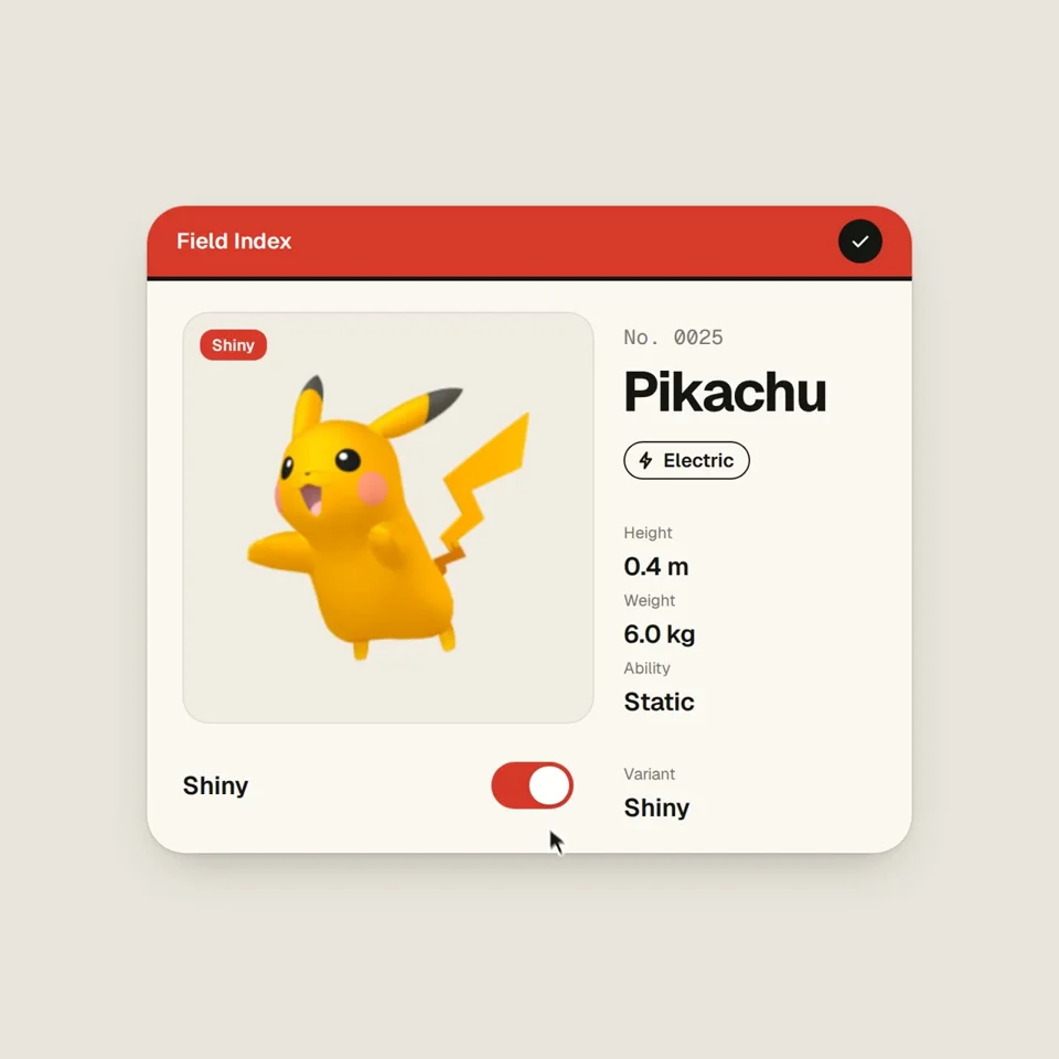 Pokédex-style UI card flips Pikachu to shiny