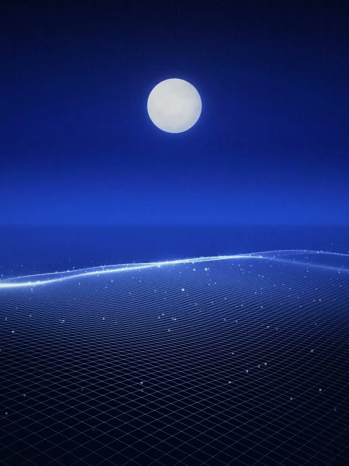 Full moon rises over a glowing wireframe sea