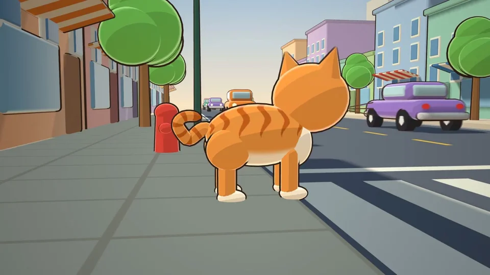 Orange cartoon cat waits at a crosswalk in a Three.js city