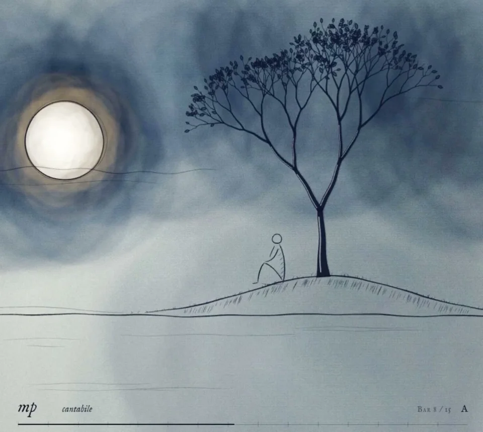 Ink-sketch figure beneath a tree scored by a violin piece