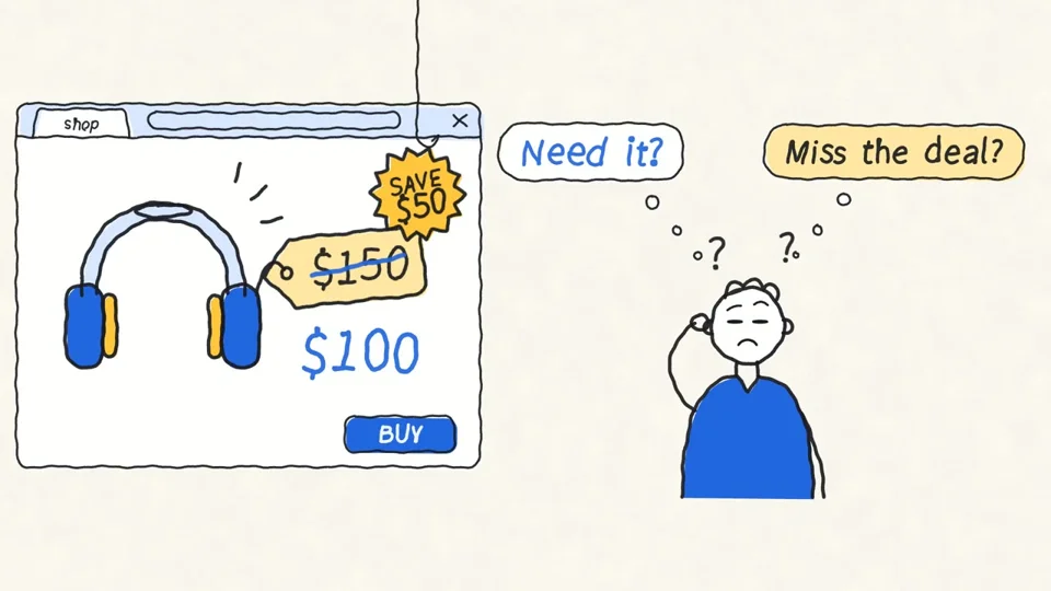 Marker-drawn shopper hesitates over discounted headphones