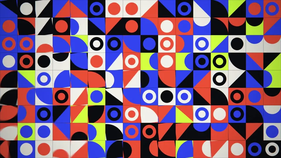 Synth-scored showreel opens on a geometric pattern grid