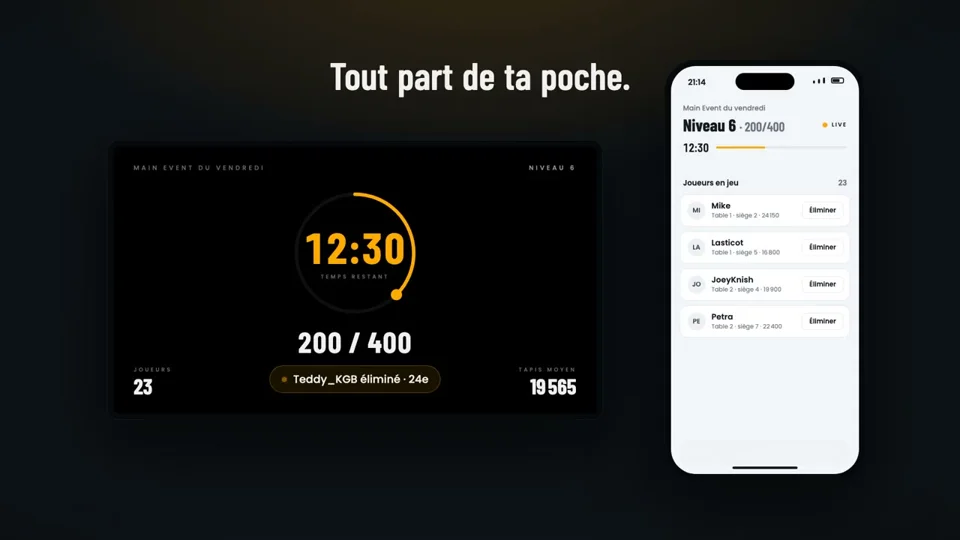 Poker tournament clock syncs from a phone to a big screen