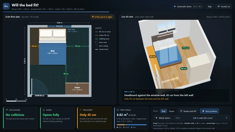 Double bed tested against a closet and door in a room-fit app