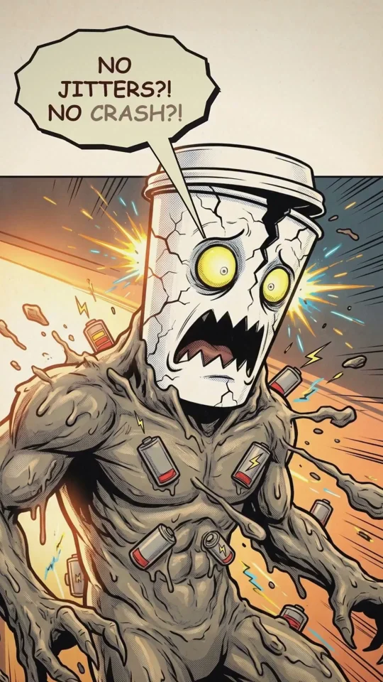 Comic-book coffee monster screams "No crash?!"