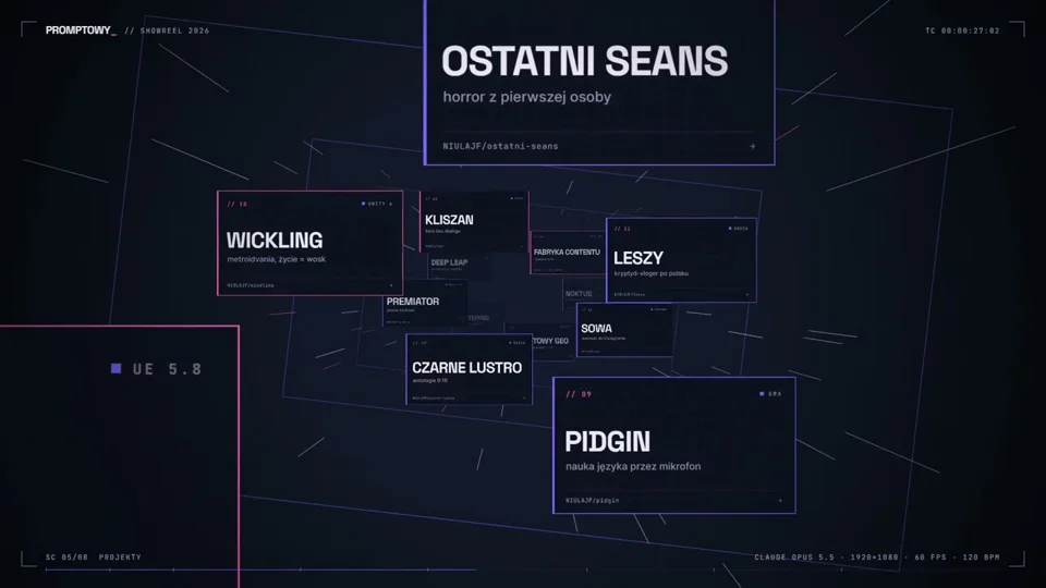 Floating project cards fill a Polish creator's showreel