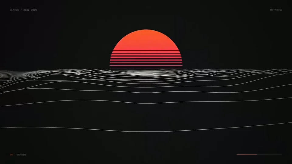 Synthwave sun sets over a wireframe terrain