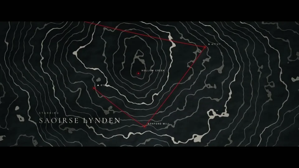 Emmy-style thriller titles over a topographic map