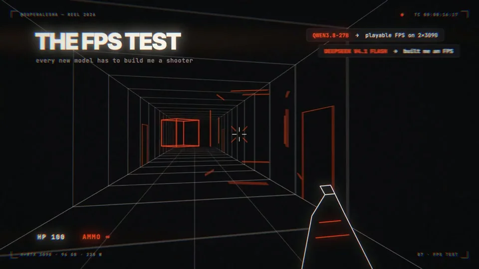 Wireframe FPS corridor in a creator's Twitter showreel