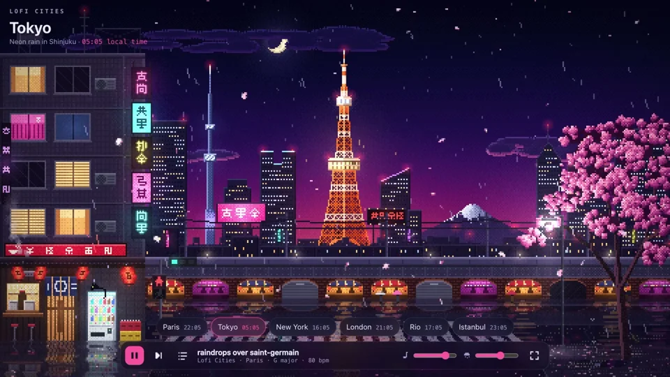 Pixel-art Tokyo at night on a lofi music site