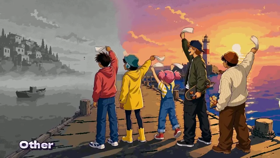Five friends wave goodbye from a pier at sunset