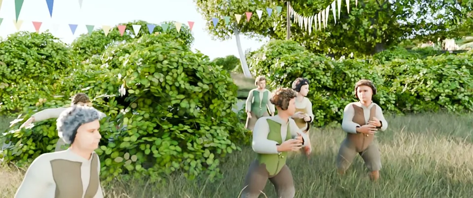 Hobbits gather in a Shire meadow strung with bunting