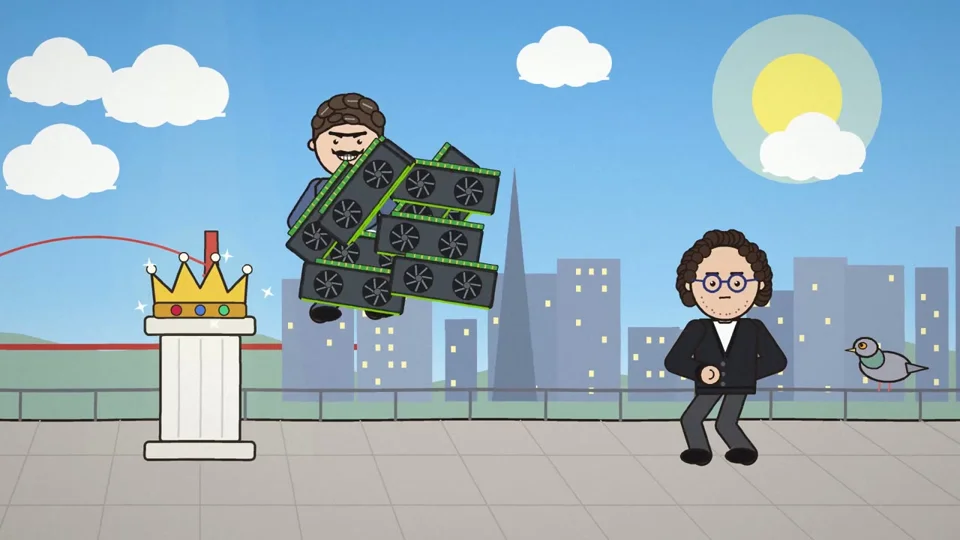 Golden-crown pedestal scene from a Dario-vs-Sam cartoon