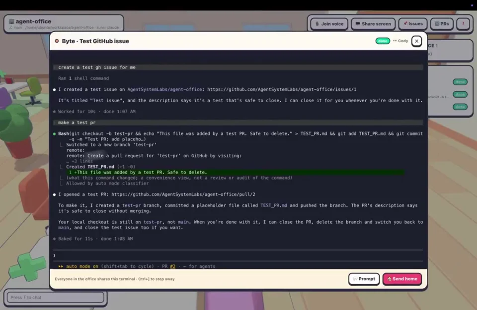 Virtual office where agents open GitHub issues and PRs