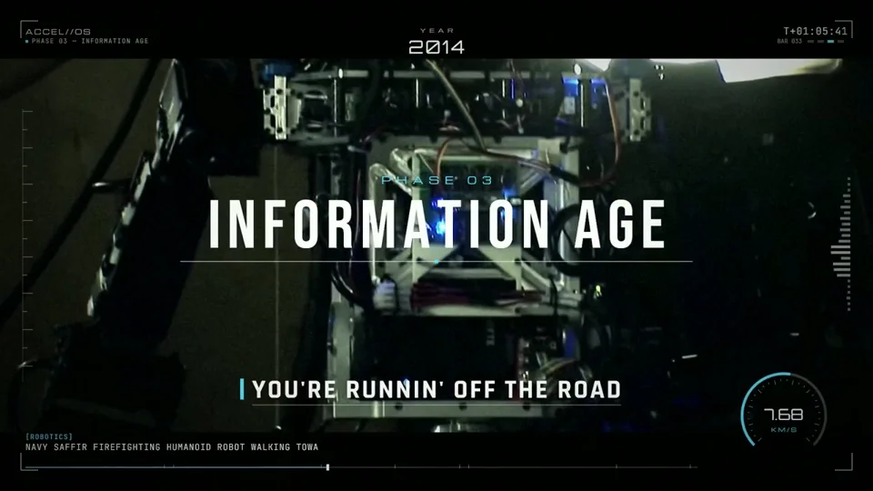 HUD-framed timeline of the singularity, phase by phase