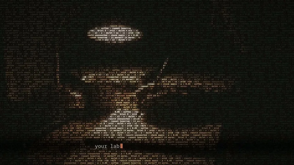 ASCII-character portrait types out a self-introduction