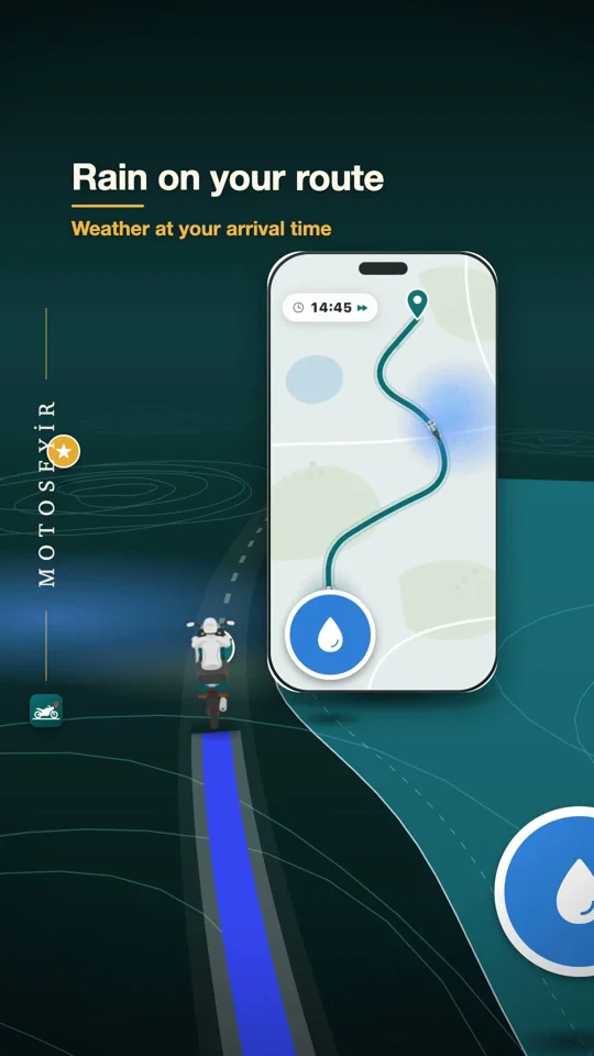 Phone-mockup feature reel for a motorcycle nav app